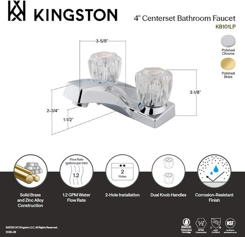 Kingston Brass kb102lp مقبض مزدوج من الأكريليك 10.16 سم صنبور مركزي بدون بقلاب ، نحاس مصقول in Kuwait