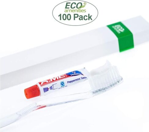 ECO amenities Travel Toothbrush Kit - Manual Disposable Toothbrush with Toothpaste, in Individually Wrapped Paper Box, 100 Sets per Case - Travel Toothbrush and Toothpaste for Hotels and Hospitality in Kuwait