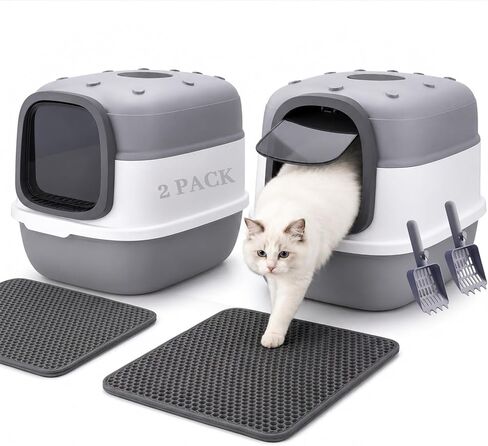 Litter Box with Lid, Enclosed Litter Box 2 Pack, 20″×15″×15″, Mat & Scoop in Kuwait