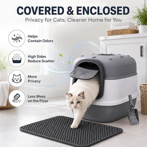 Litter Box with Lid, Enclosed Litter Box 2 Pack, 20″×15″×15″, Mat & Scoop in Kuwait