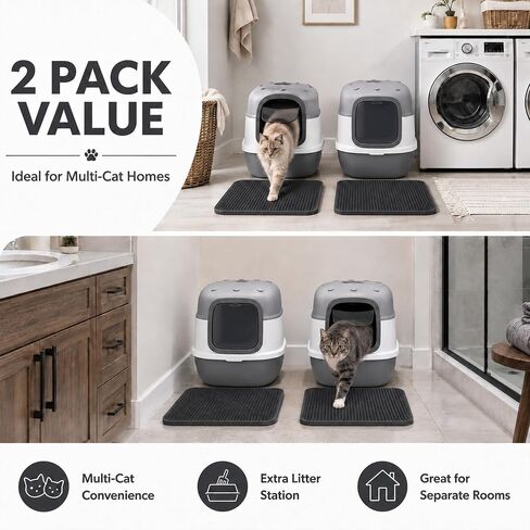 Litter Box with Lid, Enclosed Litter Box 2 Pack, 20″×15″×15″, Mat & Scoop in Kuwait