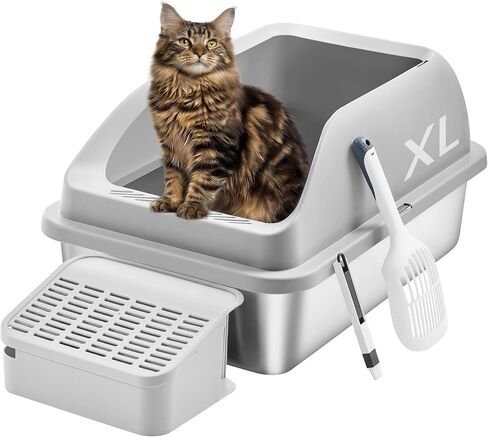 Feandrea Stainless Steel Cat Litter Box with Flip Lid, 2 Doors, Scoop in Saudi Arabia