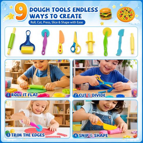 Dough Tools Set, 42Pcs Dough Accessories with Hamburger, Pizza and French Fries Making Machines, Animal and Fruit Molds, Rolling Pins, Cutters, Stamps, Safety Scissors and Kitchen Toys in Kuwait