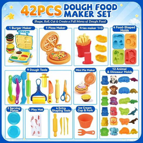 Dough Tools Set, 42Pcs Dough Accessories with Hamburger, Pizza and French Fries Making Machines, Animal and Fruit Molds, Rolling Pins, Cutters, Stamps, Safety Scissors and Kitchen Toys in Kuwait