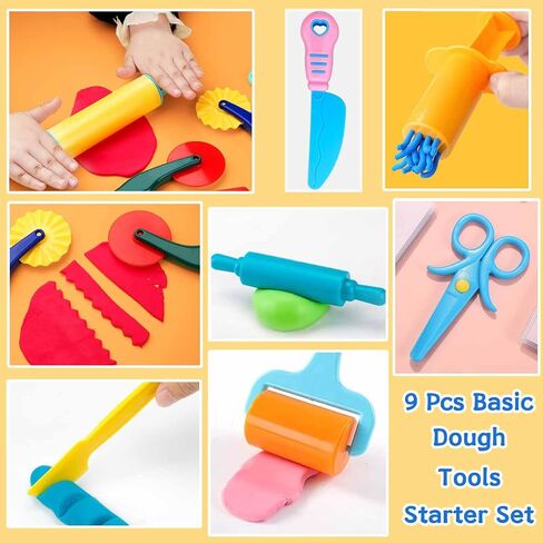 Dough Tool Kit,9 Pcs Basic Clay and Dough Tools Starter Set for Kids Includes Cutters Roller, Rolling Pins, Safety Scissors,Dough Extruder,Plastic Knife in Kuwait