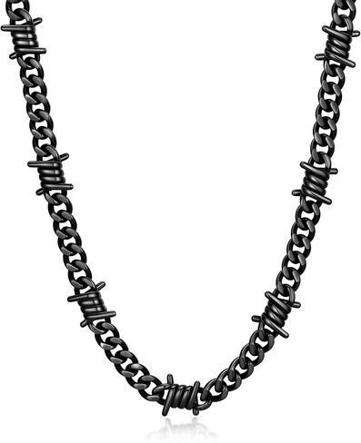 Bandmax Barbed Wire Cuban Necklace for Women Men Stainless Steel/Black Gothic Thorns Skull Choker Necklace Bracelet Punk Jewelry -Gift Packed in Kuwait