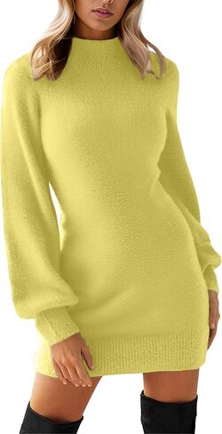 GRECERELLE Women's Mock Neck Ribbed Long Sleeve Bodycon Pullover Cute Mini Sweater Dress in Kuwait
