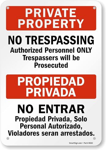 SmartSign 10 x 7 inch “Private Property - No Trespassing, Authorized Personnel Only" Bilingual Sign, 40 mil Laminated Rustproof Aluminum, Red, Black and White, Made in USA in Kuwait