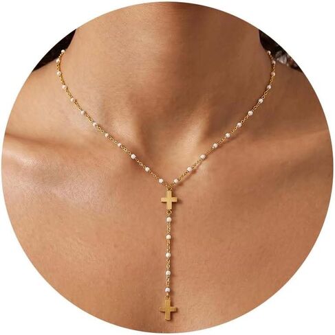 Havopso Dainty Lariat Drop Chain Necklace for Women 18K Gold Plated Stainless Steel Cross Y Shaped Double Heart Star Pearl Long Pendant Necklaces Minimalist Jewelry in Kuwait