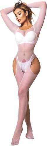 SEXYTINE Women's Long Sleeve Open Low Cut Body Stocking Women's Mesh Bodystocking Off The Shoulder Fishnet Bodysuit in Kuwait