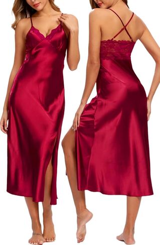 ALCEA ROSEA Women Silk Satin Nightgown Sexy Lace Chemise Lingerie Long Sleepdress for Ladies Sleepwear Slip Negligee in Kuwait