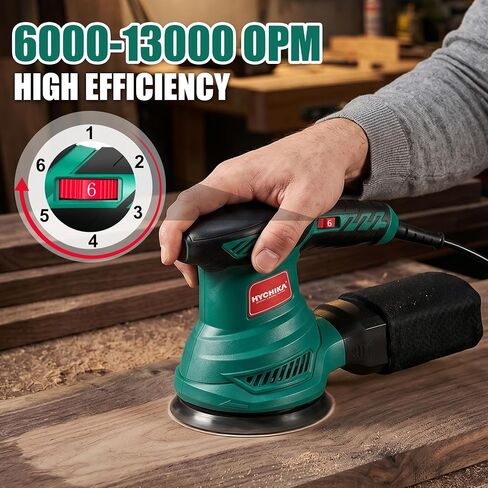 5-Inch Random Orbital Sander, HYCHIKA 13000RPM Electric Orbital Sander with 6 Various Speeds, Palm Sander with 12 Pcs Sandpapers, 1 Pcs Dust Bag, Fit for Woodworking/Sanding in Kuwait