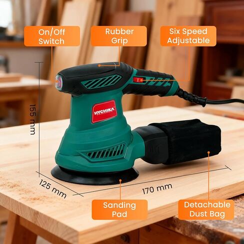 5-Inch Random Orbital Sander, HYCHIKA 13000RPM Electric Orbital Sander with 6 Various Speeds, Palm Sander with 12 Pcs Sandpapers, 1 Pcs Dust Bag, Fit for Woodworking/Sanding in Kuwait