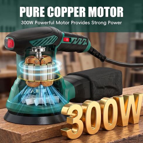 5-Inch Random Orbital Sander, HYCHIKA 13000RPM Electric Orbital Sander with 6 Various Speeds, Palm Sander with 12 Pcs Sandpapers, 1 Pcs Dust Bag, Fit for Woodworking/Sanding in Kuwait