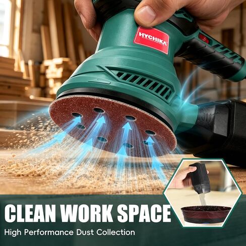 5-Inch Random Orbital Sander, HYCHIKA 13000RPM Electric Orbital Sander with 6 Various Speeds, Palm Sander with 12 Pcs Sandpapers, 1 Pcs Dust Bag, Fit for Woodworking/Sanding in Kuwait