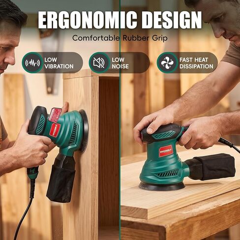 5-Inch Random Orbital Sander, HYCHIKA 13000RPM Electric Orbital Sander with 6 Various Speeds, Palm Sander with 12 Pcs Sandpapers, 1 Pcs Dust Bag, Fit for Woodworking/Sanding in Kuwait