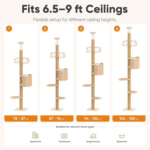 FUKUMARU Floor to Ceiling Cat Tree, 78-108in (6.5–9ft) Adjustable Cat Tower in Kuwait