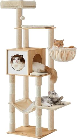 Feandrea Cat Tree, 65-Inch Tall Cat Tower, Multi-Level Condo with Cave in Saudi Arabia