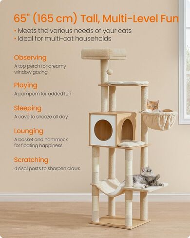 Feandrea Cat Tree, 65-Inch Tall Cat Tower, Multi-Level Condo with Cave in Saudi Arabia