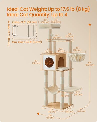 Feandrea Cat Tree, 65-Inch Tall Cat Tower, Multi-Level Condo with Cave in Saudi Arabia