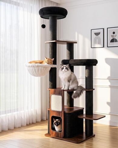 Wood Cat Tree for Indoor Cats, Modern Cat Tower with Sisal Scratching Posts in Kuwait