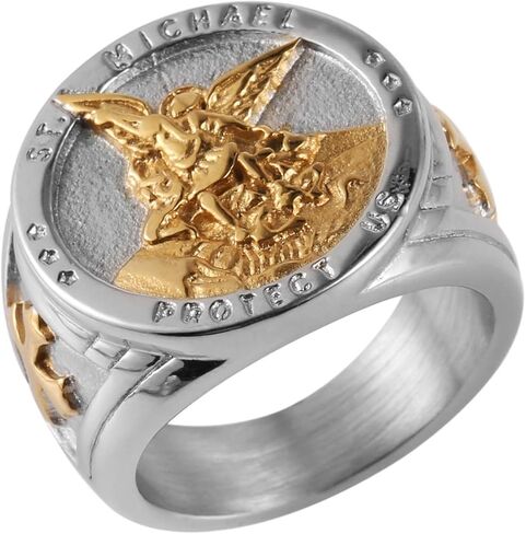 HZMAN St. Michael San Miguel The Great Protector Archangel Defeating Satan Figurine Stainless Steel Amulet Ring in Kuwait