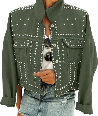 Omoone Women's Long Sleeve Rivet Studded Denim Jacket Casual Washed Pearl Short Jean Coat in Kuwait