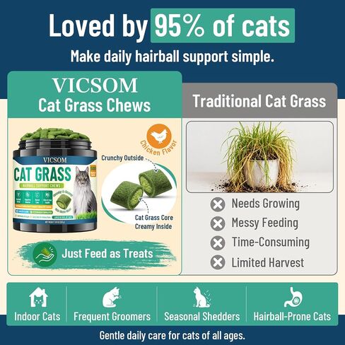 VICSOM Cat Grass Treats for Indoor Cats, Hairball Treats for Cats 500 Chews in Kuwait