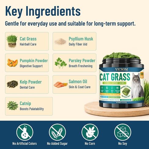 VICSOM Cat Grass Treats for Indoor Cats, Hairball Treats for Cats 500 Chews in Kuwait