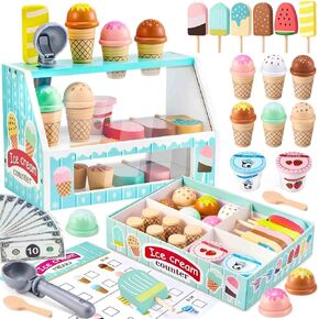 WHOHOLL Wooden Ice Cream Toys Kids Play Store Pretend Toy for Toddlers, Play Kitchen Accessories with Scoop, Menu, Ice Cream Play Set Birthday for Boys Girls 3 4 5 6 Year Old in Kuwait