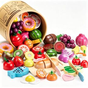 WHOHOLL 43 Pcs Wooden Play Food for Kids Play Kitchen Accessories Playset with Bucket, Pretend Cutting Food Toys for 3 4 5 6 Year Old, Vegetables Fruits Toys Birthday Gifts for Boys Girls in Kuwait