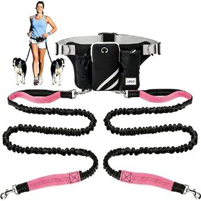 Hands Free Dog Leash for 2 Dogs, Dual Bungee Running Leash, Adjustable Length with Waist Belt, Reflective Stitching, Control Handles for Walking Jogging Hiking, Black-Pink in Kuwait