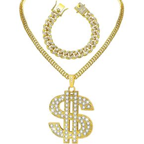 2 Pcs Cuban Link Gold Chain Necklace Set, 80s 90s Costume Jewelry With Big Fake Gold Chains, Dollar Sign Pendant, Hip Hop Rapper Costume Accessories for Men Women Halloween Party in Saudi Arabia