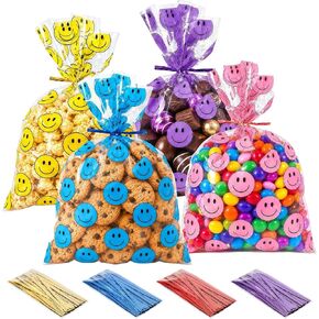 Happy Face Cellophane Bags 100 Pack, Goody Bags with Ties, Treat Gift Bags in Kuwait