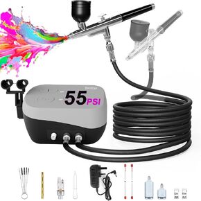 55 PSI Airbrush Kit with Air Compressor, Switchable Single/Dual Airflow, High Pressure Air Brush Gun with 0.2/0.3/0.5mm Nozzles & Cleaning Sets for Painting, Modeling, Cake Decor, Makeup, Nails Art in Kuwait