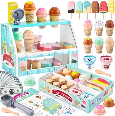 WHOHOLL Wooden Ice Cream Toys Kids Play Store Pretend Toy for Toddlers, Play Kitchen Accessories with Scoop, Menu, Ice Cream Play Set Birthday for Boys Girls 3 4 5 6 Year Old in Kuwait