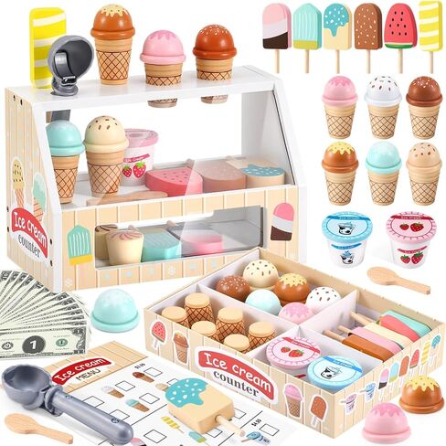 WHOHOLL Wooden Ice Cream Toys Kids Play Store Pretend Toy for Toddlers, Play Kitchen Accessories with Scoop, Menu, Ice Cream Play Set Birthday for Boys Girls 3 4 5 6 Year Old in Kuwait