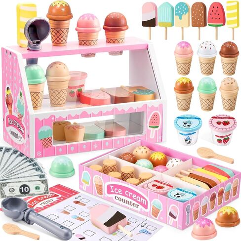 WHOHOLL Wooden Ice Cream Toys Kids Play Store Pretend Toy for Toddlers, Play Kitchen Accessories with Scoop, Menu, Ice Cream Play Set Birthday for Boys Girls 3 4 5 6 Year Old in Kuwait