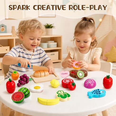 WHOHOLL 43 Pcs Wooden Play Food for Kids Play Kitchen Accessories Playset with Bucket, Pretend Cutting Food Toys for 3 4 5 6 Year Old, Vegetables Fruits Toys Birthday Gifts for Boys Girls in Kuwait