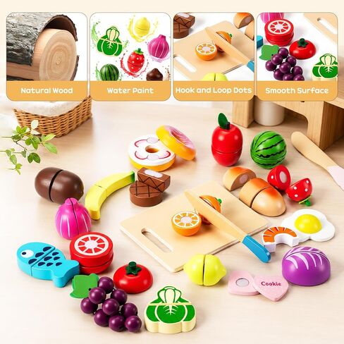 WHOHOLL 43 Pcs Wooden Play Food for Kids Play Kitchen Accessories Playset with Bucket, Pretend Cutting Food Toys for 3 4 5 6 Year Old, Vegetables Fruits Toys Birthday Gifts for Boys Girls in Kuwait