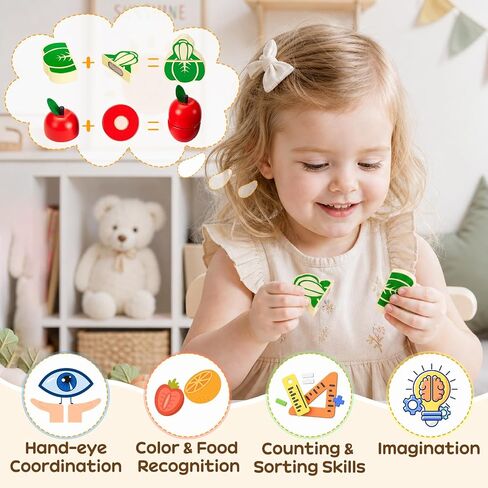 WHOHOLL 43 Pcs Wooden Play Food for Kids Play Kitchen Accessories Playset with Bucket, Pretend Cutting Food Toys for 3 4 5 6 Year Old, Vegetables Fruits Toys Birthday Gifts for Boys Girls in Kuwait