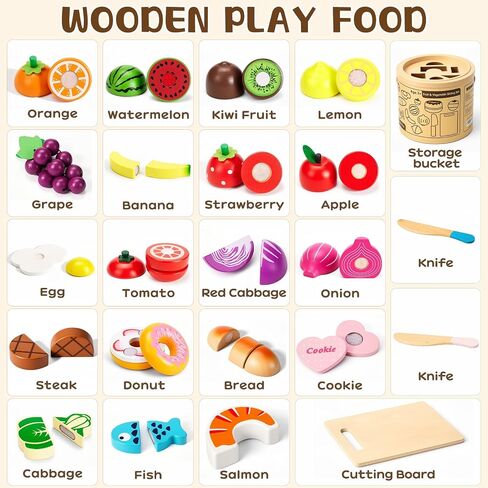 WHOHOLL 43 Pcs Wooden Play Food for Kids Play Kitchen Accessories Playset with Bucket, Pretend Cutting Food Toys for 3 4 5 6 Year Old, Vegetables Fruits Toys Birthday Gifts for Boys Girls in Kuwait
