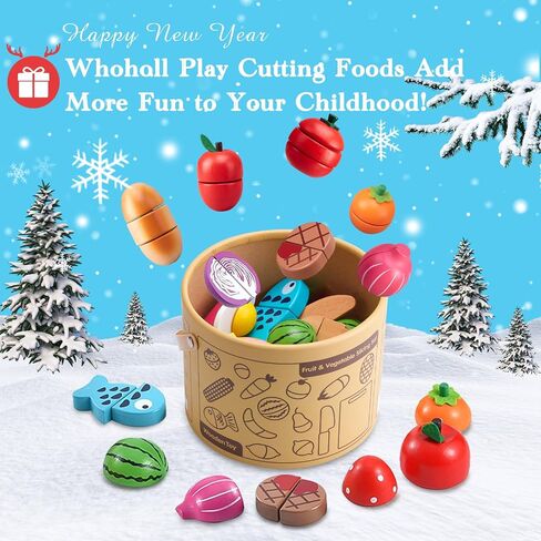 WHOHOLL 43 Pcs Wooden Play Food for Kids Play Kitchen Accessories Playset with Bucket, Pretend Cutting Food Toys for 3 4 5 6 Year Old, Vegetables Fruits Toys Birthday Gifts for Boys Girls in Kuwait