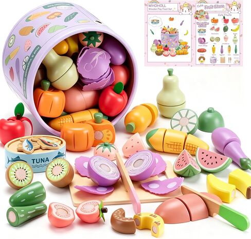 WHOHOLL 43 Pcs Wooden Play Food for Kids Play Kitchen Accessories Playset with Bucket, Pretend Cutting Food Toys for 3 4 5 6 Year Old, Vegetables Fruits Toys Birthday Gifts for Boys Girls in Kuwait