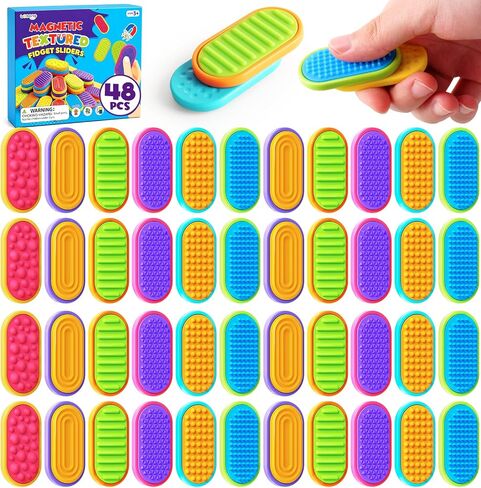 LESONG 48 Pack Sensory Fidget Toys for Kids Adults, Magnetic Fidget Sliders for Autism ADHD Stress Relief, Quiet Textured Silicone Desk Toys, Bulk Classroom Prizes Party Favors Calming Gifts in Kuwait