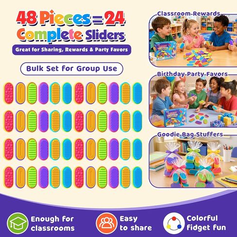 LESONG 48 Pack Sensory Fidget Toys for Kids Adults, Magnetic Fidget Sliders for Autism ADHD Stress Relief, Quiet Textured Silicone Desk Toys, Bulk Classroom Prizes Party Favors Calming Gifts in Kuwait