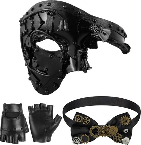 Libima 4 Pcs Steampunk Costume Accessories for Men Steampunk Mask Steampunk Gears Bowtie Gloves Hat for Halloween Mardi Gras in Kuwait