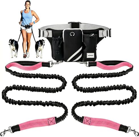 Hands Free Dog Leash for 2 Dogs, Dual Bungee Running Leash, Adjustable Length with Waist Belt, Reflective Stitching, Control Handles for Walking Jogging Hiking, Black-Pink in Kuwait