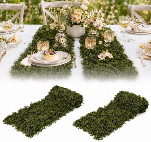 2 Pcs Fake Moss Table Runner, 12'' x 71'' Artificial Sheet Moss Decor Roll, Waterproof Faux Moss Blanket, Fake Green Grass Tablecloth for Crafts Garden Wall Wedding Birthday Party Decoration in Saudi Arabia