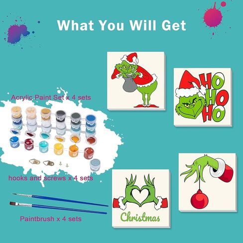 MjhRcll 4 Pack Framed Christmas Paint by Numbers Kit for Kid Beginners,Easy Cartoon Paint by Number Kits for Kid Ages 6-8-10-12,DIY Acrylic Painting Drawing Art Crafts for Holiday Gifts 8X8 Inch. in Saudi Arabia